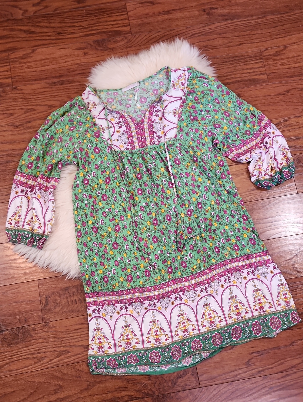 Blue Time Green Floral Boho Tunic Dress with Mixed Pink Patterns